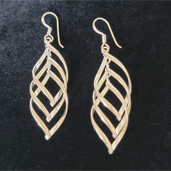 Sterling Silver Twist Leaf Dangle Earrings – 2.25" Long, 925 Stamped - Picture 1 of 5